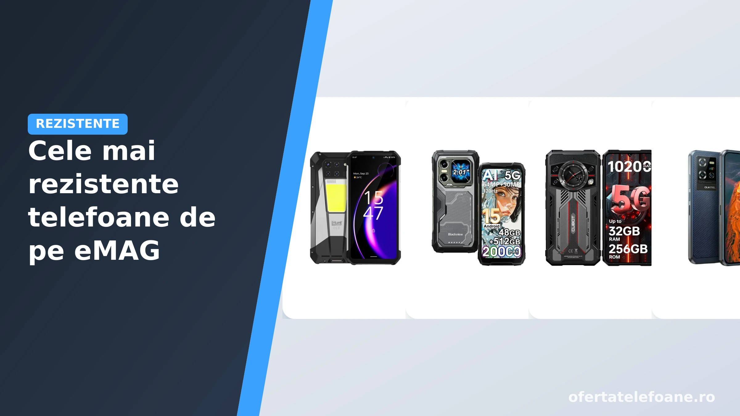 Patru telefoane rezistente alaturate: iHunt Tank 3 Pro, Blackview XPLORE1, Cubot KingKong 11 si Oukitel WP50