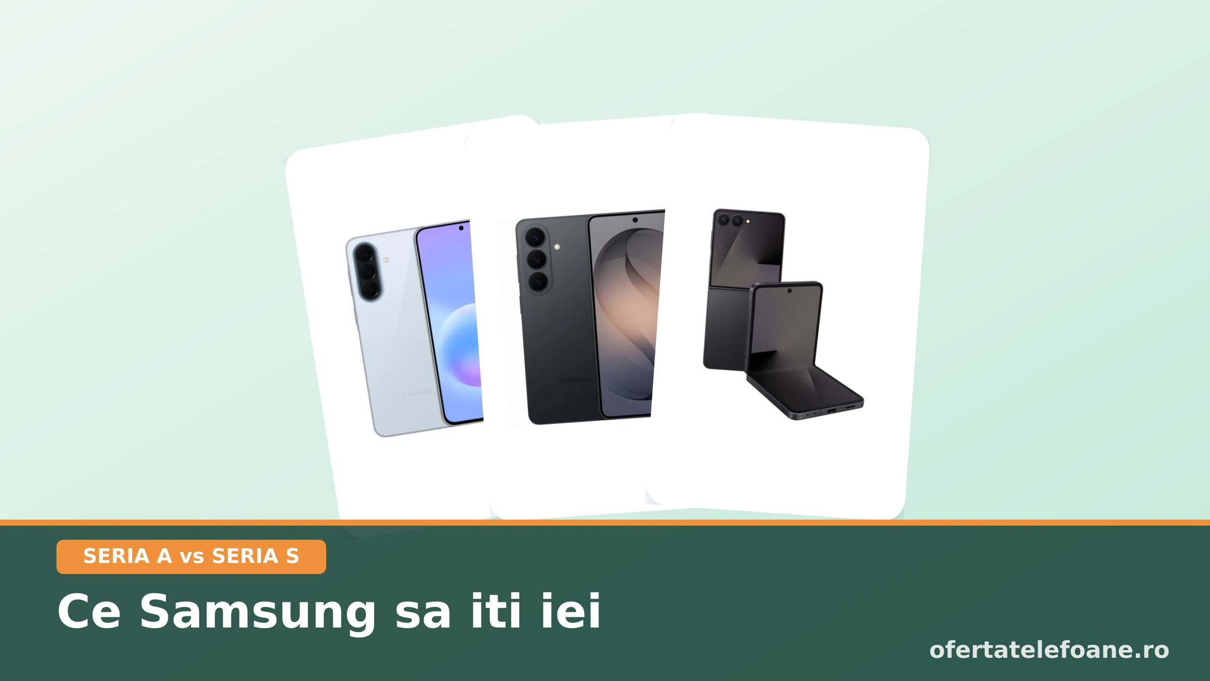 Trei telefoane Samsung alaturate: Galaxy A57, Galaxy S26 si Galaxy Z Flip7 pliabil